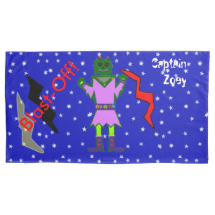 Green Robot Girl Spaceships Kids King Pillowcase