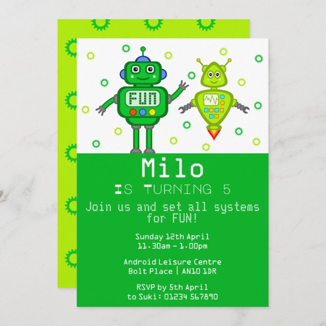 Green Robots Birthday Party Invitation (Front/Back)