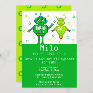 Green Robots Birthday Party Invitation