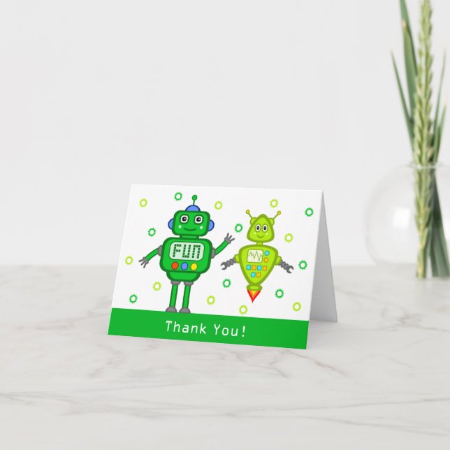 Green Robots Birthday Party Thank You Card (Front)