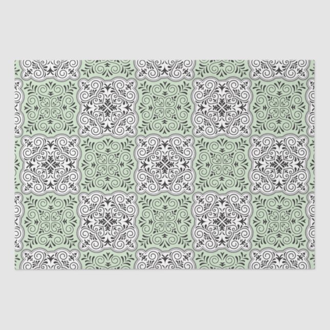 Green Rococo Pattern Flourish Tissue Paper (Front)
