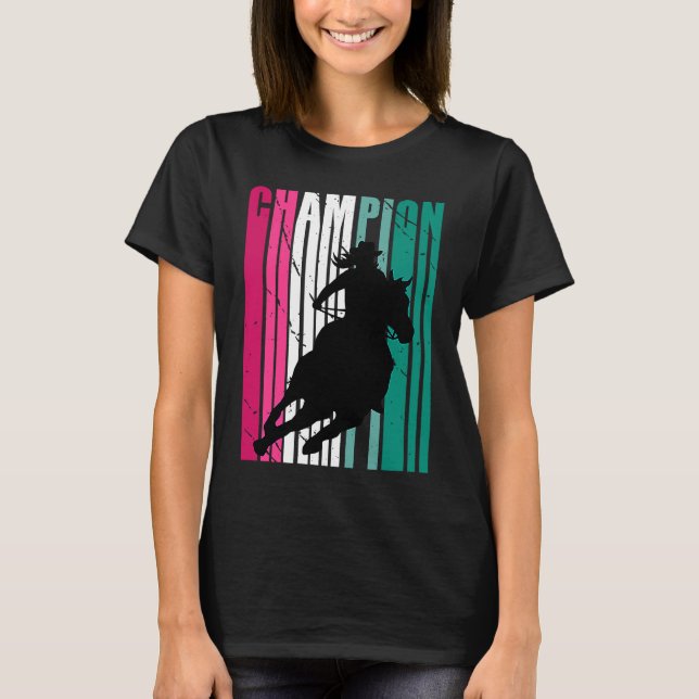 Green Rodeo Champion Cowgirl on Horse Barrel Racin T-Shirt (Front)