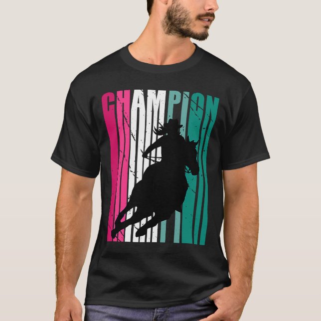 Green Rodeo Champion Cowgirl on Horse Barrel Racin T-Shirt (Front)