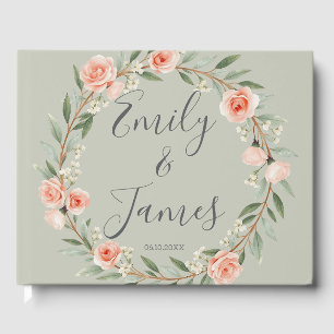 Green, romantic rose wreath guest book
