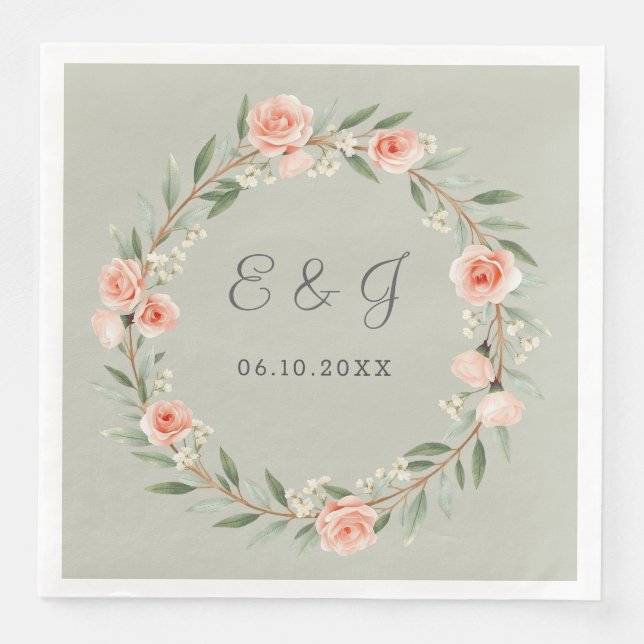 Green, romantic rose wreath  napkin (Front)