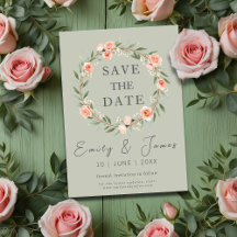 Green, romantic rose wreath save the date