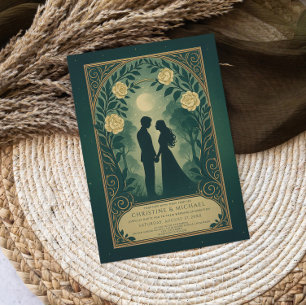 Green Romantic Silhouette Couple Wedding Invite