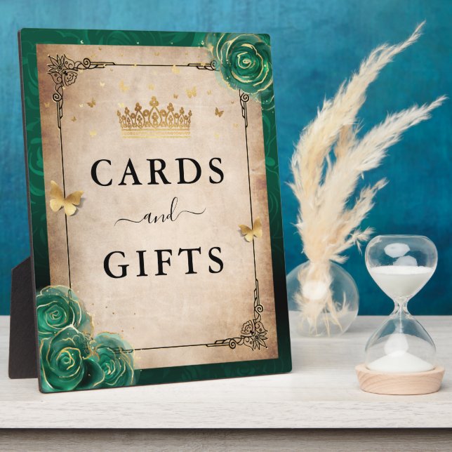 Green Rose and Gold Crown Cards and Gifts Sign Plaque (Side)