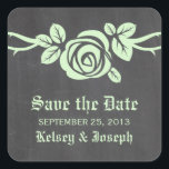 Green Rose Chalkboard Save the Date Stickers<br><div class="desc">Sweet and pretty Rose Chalkboard Save the Date Stickers in mint green featuring a single lovely rose on a vine on a chalkboard look background. This elegant design is perfect for announcing your spring or summer wedding. Easy to customise, simply add your wedding details in the text fields provided. Click...</div>