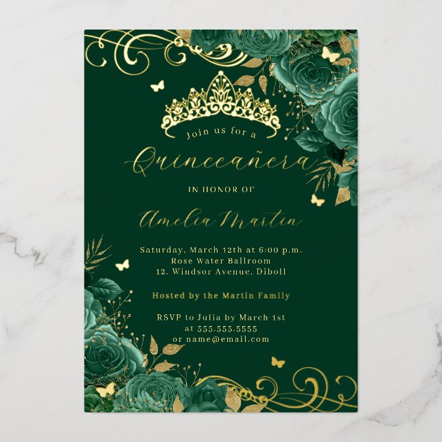 Green Rose Floral Gold Swirl Quinceanera   (Front)