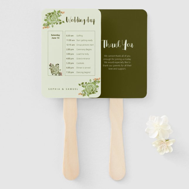 Green Rose Floral Wedding Theme Hand Fan (Front and Back)