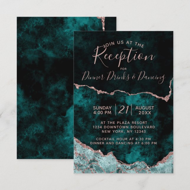 Green & Rose Gold Agate Marble Wedding Reception Enclosure Card (Front/Back)
