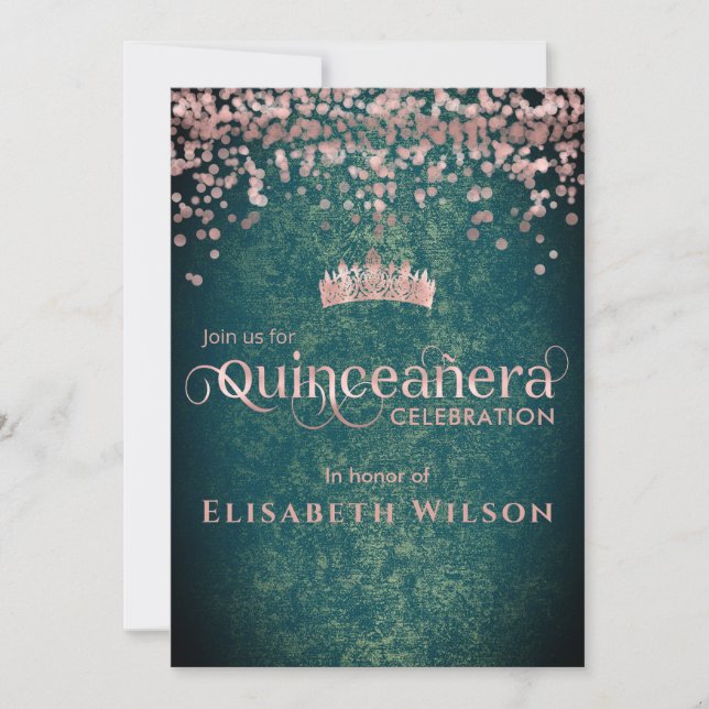 Green  rose gold confetti  tiara Quinceañera Invitation (Front)