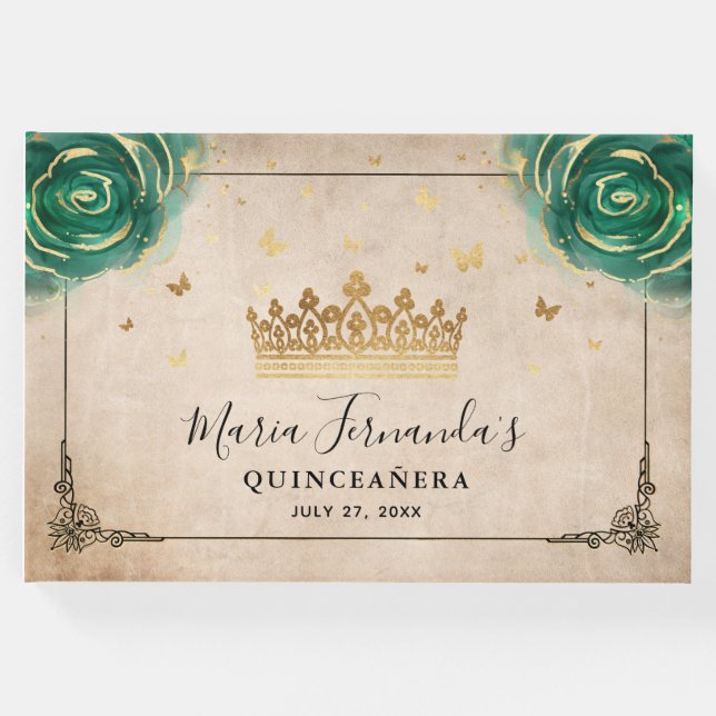 Green Rose Gold Crown Black Elegant Guest Book (Front)
