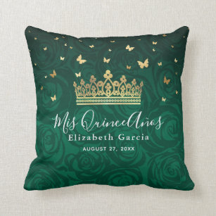 Green Rose Gold Crown Quinceanera Mis Quince Anos Cushion