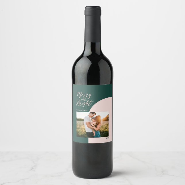 Green Rose gold Merry and Bright Christmas Holiday Wine Label (Front)