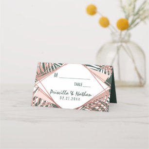Green Rose Gold Tropical Palm Tree Leaves Wedding Place Card