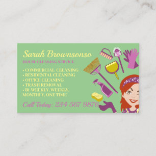 Green Rose Hair Woman Janitorial House Cleaning Business Card