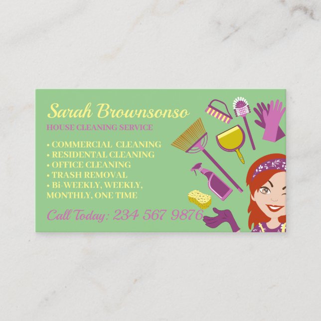 Green Rose Hair Woman Janitorial House Cleaning Business Card (Front)