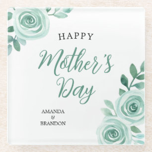 Green Rose Mother's Day Design Kids Names Glass Coaster