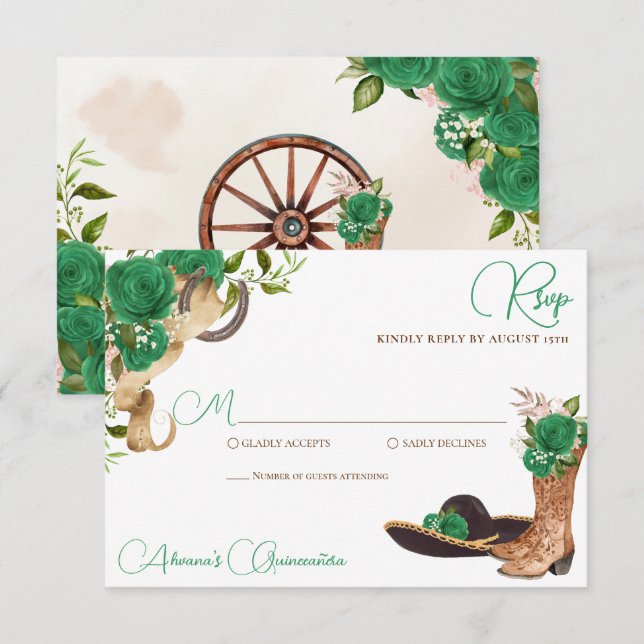 Green Rose Rustic Charro Western Quinceanera RSVP Card (Front/Back)