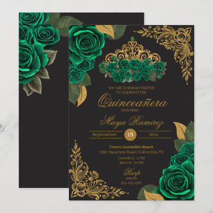 Green Roses Black Gold Glitter Tiara Quinceañera  Invitation