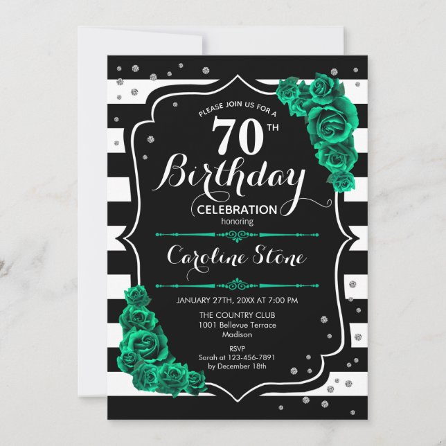Green Roses Black White Stripes 70th Birthday Invitation (Front)