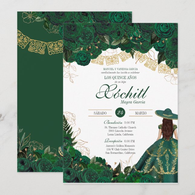 Green Roses Elegant Emerald Charro Quinceanera Invitation (Front/Back)