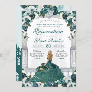 Green Roses Elegant Princess Charro Quinceañera Invitation