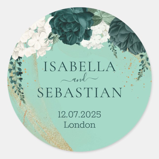 Green Roses Elegant Wedding Classic Round Sticker (Front)