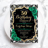 Green Roses Gold Black Damask 50th Birthday