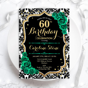 Green Roses Gold Black Damask 60th Birthday Invitation