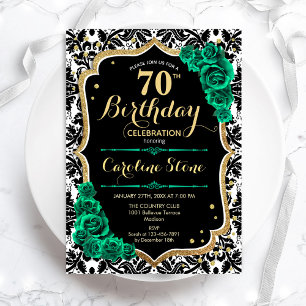 Green Roses Gold Black Damask 70th Birthday Invitation