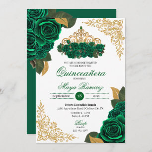 Green Roses Gold Glitter Frames Tiara Quinceañera Invitation