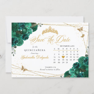 Green Roses & Gold Quinceañera Save The Date Invitation