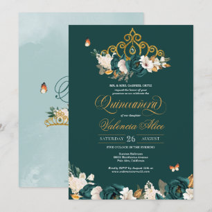 Green Roses Gold Tiara Butterflies Quinceanera Invitation