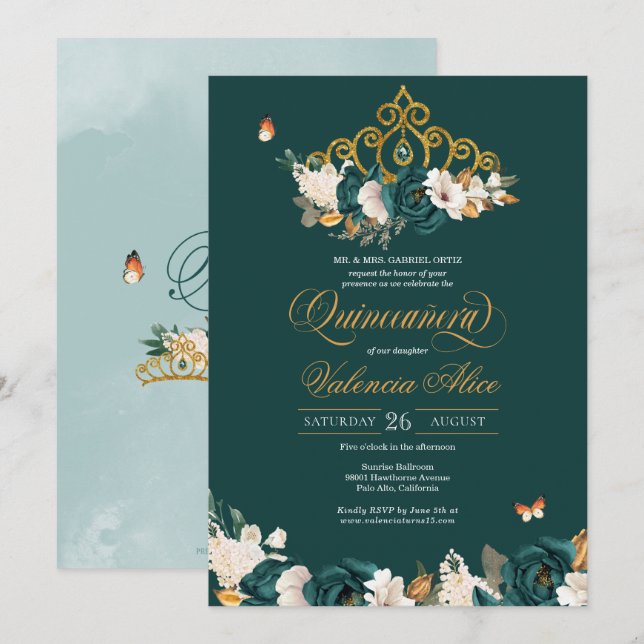Green Roses Gold Tiara Butterfly Flor Quinceanera Invitation (Front/Back)