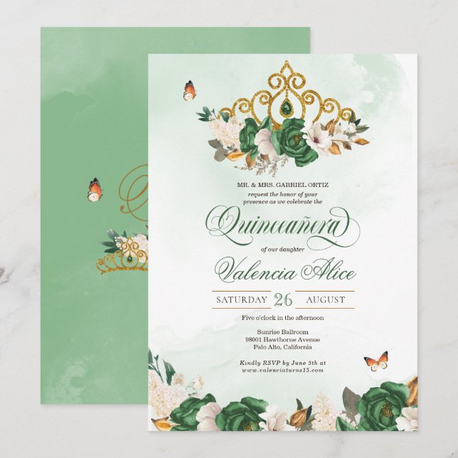 Green Roses Gold Tiara Butterfly Quinceanera Invitation (Front/Back)