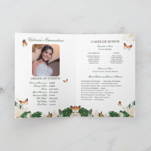 Green Roses Gold Tiara Butterfly Quinceanera Programme