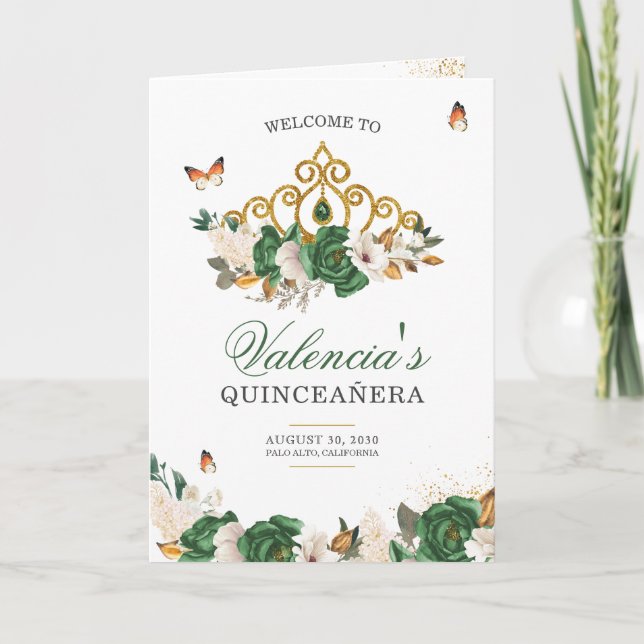 Green Roses Gold Tiara Butterfly Quinceanera Programme (Front)