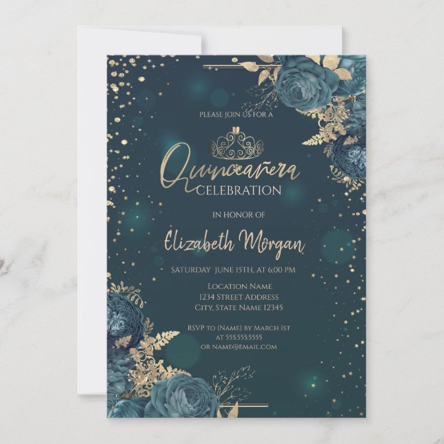Green Roses,Gold Tiara,Diamonds Quinceañera Invitation (Front)