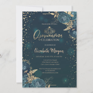 Green Roses,Gold Tiara,Diamonds Quinceañera Invitation