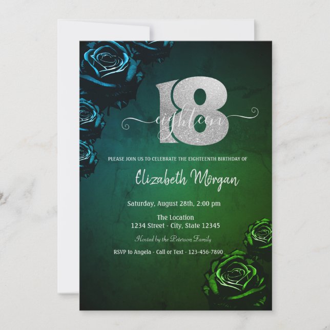 Green Roses Gothic 18th Birthday  Invitation (Front)