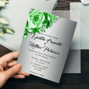 Green Roses on Silver Wedding Invitation