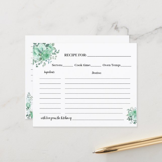 Green Roses Recipe Card Bridal Shower (Front/Back In Situ)