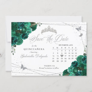 Green Roses & Silver Quinceañera Save The Date Invitation