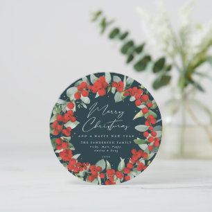 Green Round Red Berry+Eucalyptus Christmas Wreath Holiday Card