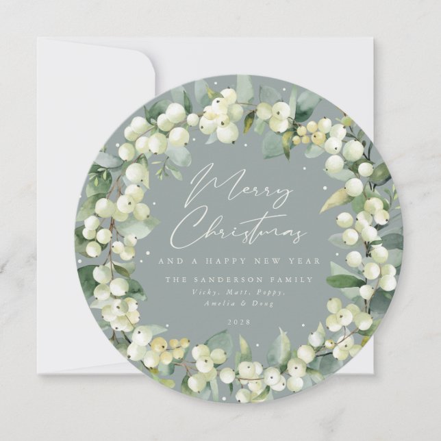 Green Round Snowberry+Eucalyptus Christmas Wreath Holiday Card (Front)