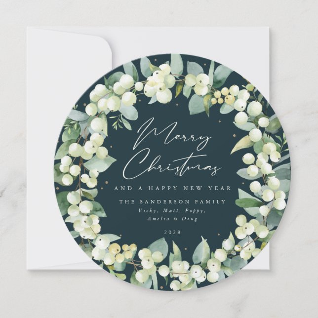 Green Round Snowberry+Eucalyptus Christmas Wreath Holiday Card (Front)