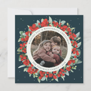 Green Round/Square Red Berries+Eucalyptus Photo Holiday Card
